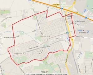 Die Grenzen von Wiederitzsch mal optisch dargestellt. (c) 2014 Google Kartendaten (c) 2014 GeoBasis-De/BKG (c) 2009, Google