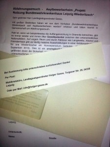 Ablehnungsgesucht - Asylbewerberheim Leipzig Wiederitzsch an den Landtagsabgeordneten Holger Gasse