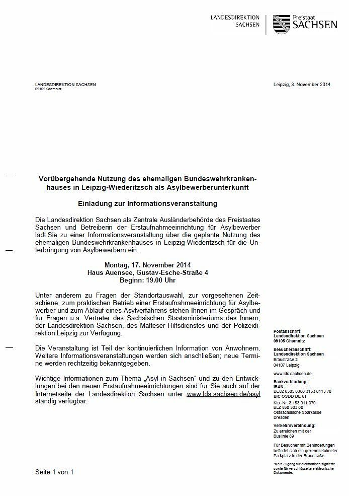 Vorübergehende Nutzung des ehemaligen Bundeswehrkrankenhauses in Leipzig-Wiederitzsch als Asylbewerberunterkunft