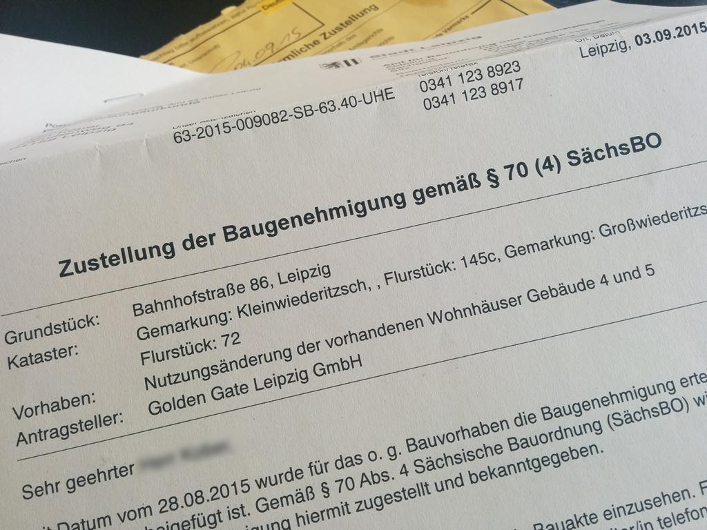 Schreiben vom 03.09.2015 des Amt für Bauordnug und Denkmalpflege an die direkten Anlieger des ehemaligen BWK Wiederitzsch