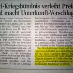 Anti-Kriegsbündnis fordert Olbrichtkaserne und ehemaliges BWK als Asylunterkunft (Ausschnitt LVZ vom 31.08.2015)