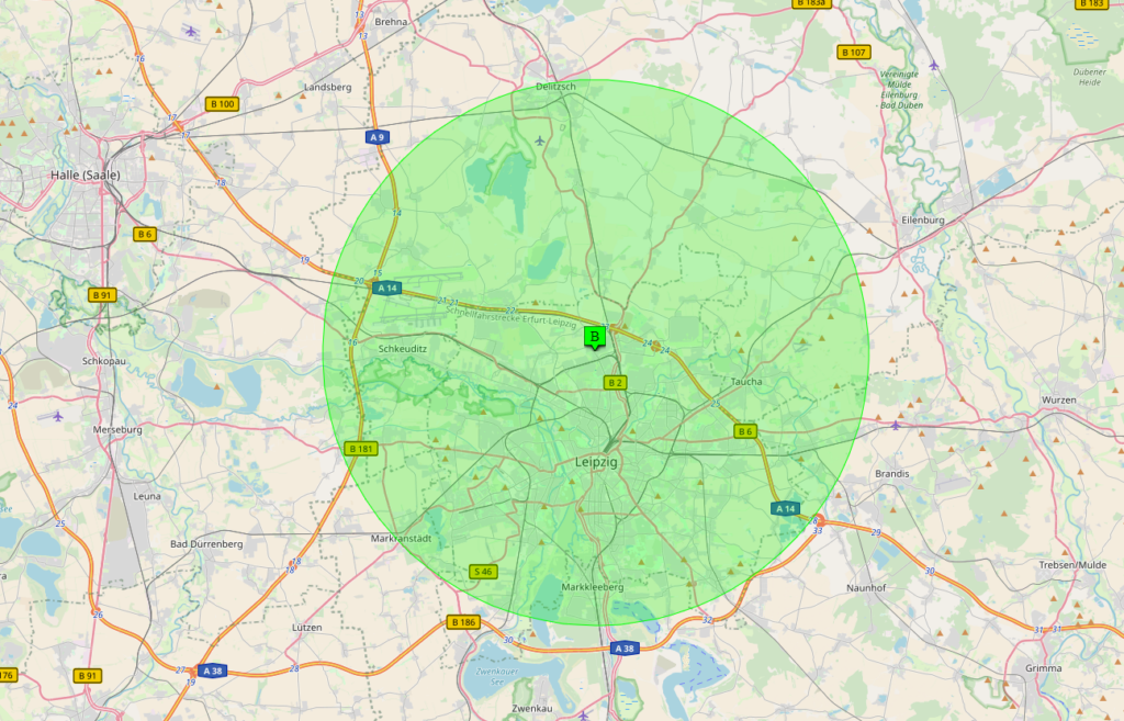 15 km Radius um Wiederitzsch. (Map data (C) by OpenStreetMap.org and its contributors; Open Database License)