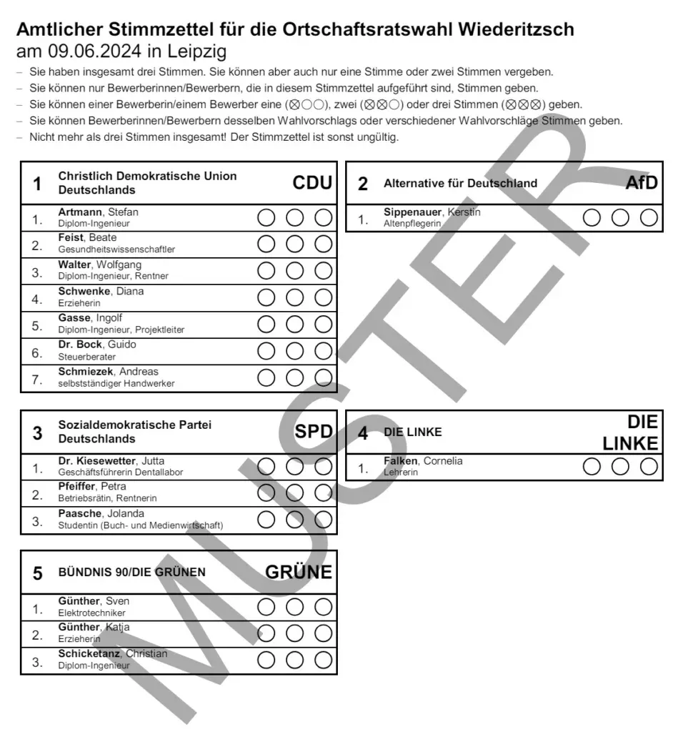 Musterstimmzettel Ortschaftsratswahl Wiederitzsch 2024